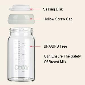 COMI Wide Neck Glass Breastmilk Collection n Storage Bottle, 6oz with Screw Ring Sealing Disk; Re-markable Sealing Disc. BPA Free, Fits Breast Pumps & Nipples (Gray Lids)