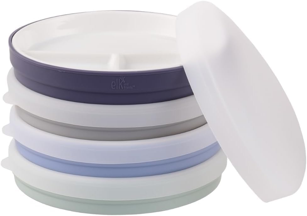 Elk and Friends Kids 7.8” Porcelain White Plates with Silicone Sleeves + Lids | Divided Plates | Suitable for Kids/Toddlers | Microwave & Dishwasher Safe | Non Slip | Snack Dishes…