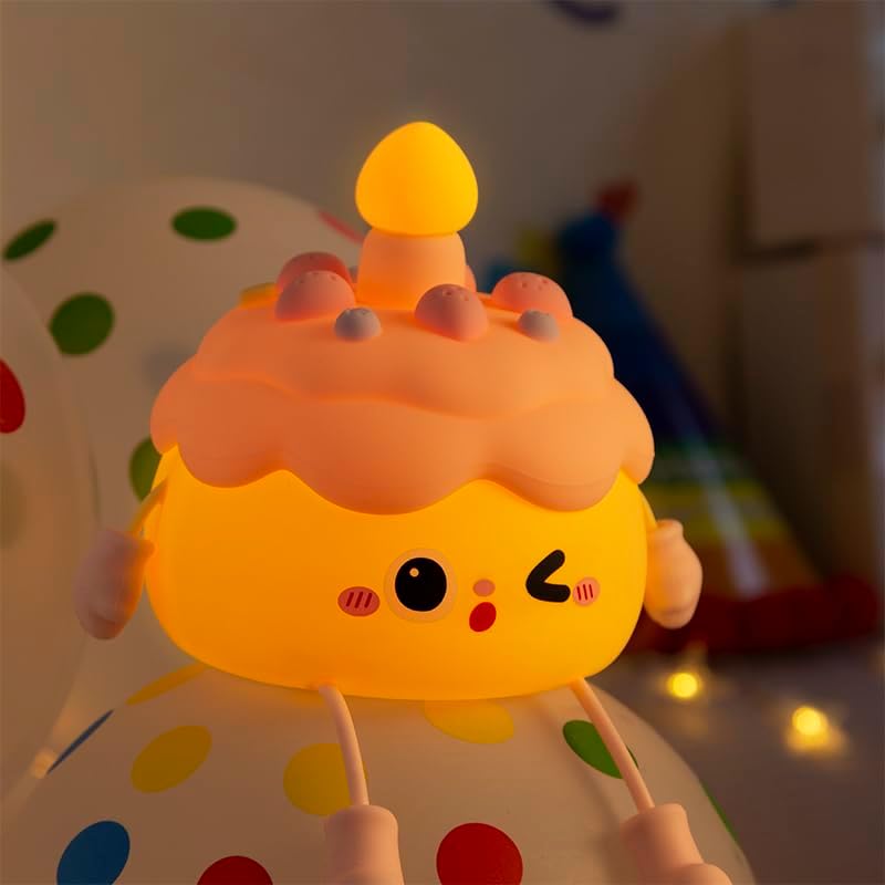 QANYI Birthday Gifts Cupcake Light for Kids, Silicone Party Cake Nursery Night Lamp with Soft Touch, Rechargeable Table Lamp Decor Gift for Daughter Girl Sister