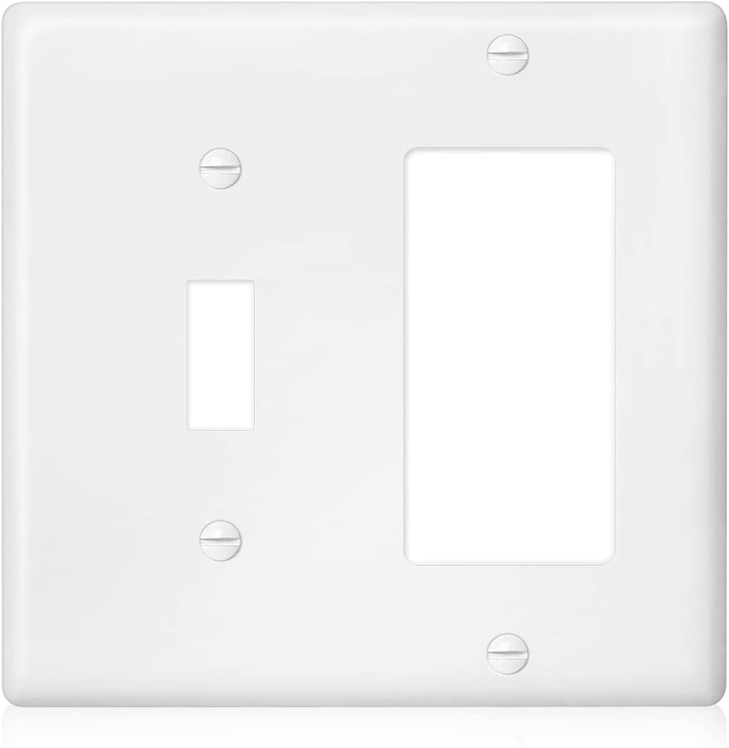 Decorator Wall Plate Light 1-Toggle/1-Decorator Combination Switch Plate Outlet Cover,Unbreakable Polycarbonate Thermoplastic, White (10-Pack, Decorator/Toggle-White)