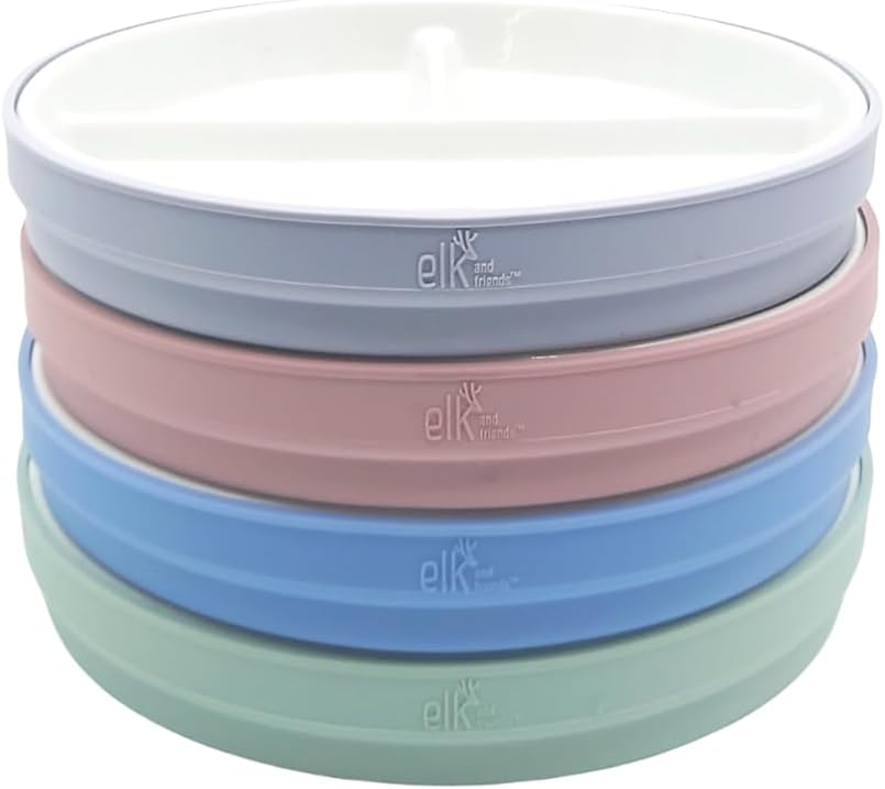 Elk and Friends Kids 6.7” Porcelain Divided Plates with Silicone Sleeves | Suitable for Babies/Kids/Toddlers | Microwave & Dishwasher Safe | Non Slip | Snack Dishes