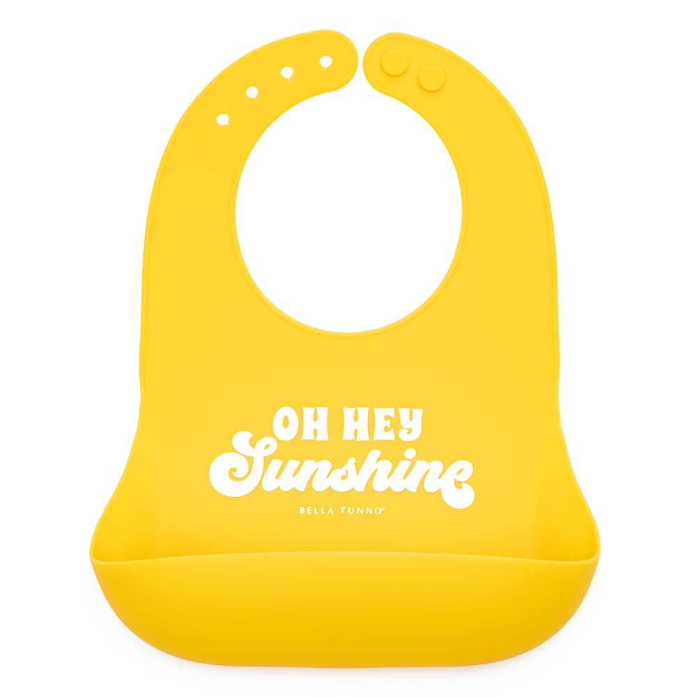 Baby Bib for Eating by Bella Tunno, Waterproof Silicone Bib with Large Food Catcher, Adjustable Fit for Babies 4-12 months & Toddlers 1-3 Years, Boys & Girls, Oh Hey Sunshine