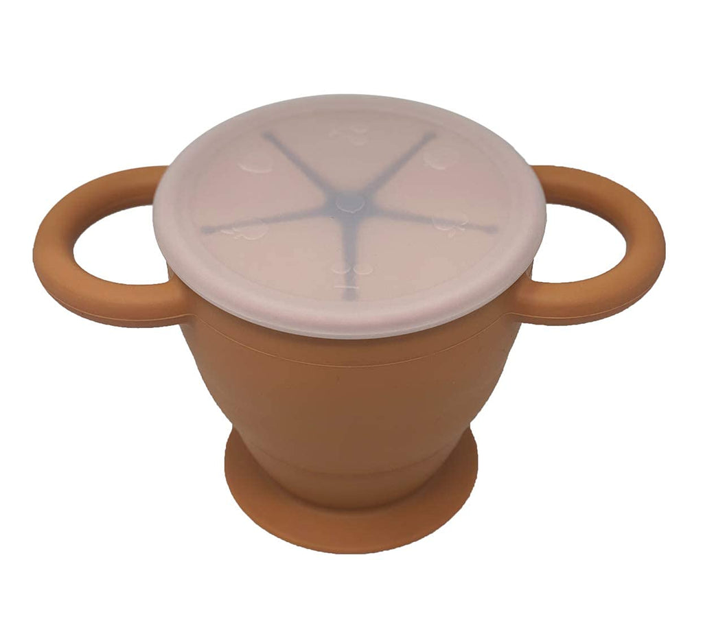 BraveJusticeKidsCo | Snack Attack II Snack Cup | Collapsible Silicone Snack Container | Toddler and Baby Snack Catcher Lid (Honey Ginger)