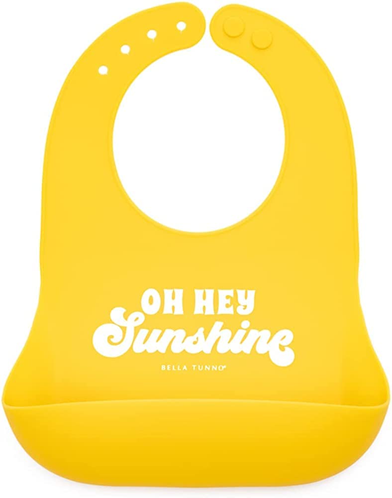 Baby Bib for Eating by Bella Tunno, Waterproof Silicone Bib with Large Food Catcher, Adjustable Fit for Babies 4-12 months & Toddlers 1-3 Years, Boys & Girls, Oh Hey Sunshine