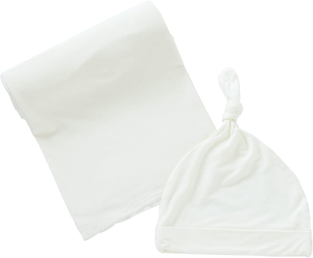 iEvolve Cotton Knitted Baby Swaddle Blanket with Hat Headband Set Newborn Swaddle Wrap Receiving Blankets for Baby Girl Boy 35" x 35"(White)