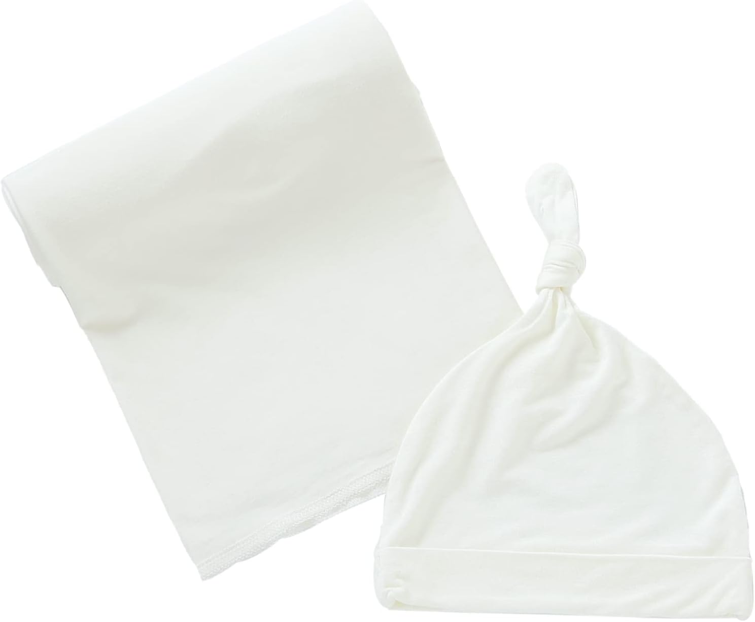 iEvolve Cotton Knitted Baby Swaddle Blanket with Hat Headband Set Newborn Swaddle Wrap Receiving Blankets for Baby Girl Boy 35" x 35"(White)