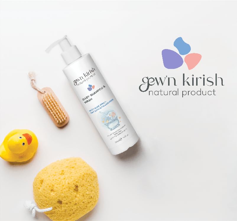 Gew’n Kirish Natural Baby Shampoo & Body Wash – Tear-Free, Hypoallergenic Cleanser with Lavender Oil, Aloe Vera & Oat Extract, Plant-Based, Vegan, Sulfate-Free Formula, 7.5 fl oz