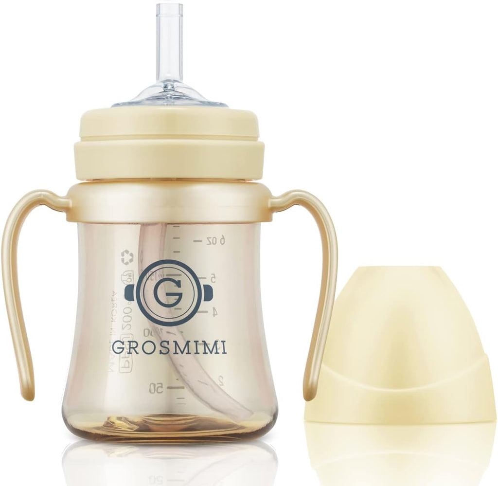 GROSMIMI Spill Proof no Spill Magic Sippy Cup with Straw with Handle for Baby and Toddlers, Customizable, PPSU, BPA Free 6 oz (Butter)
