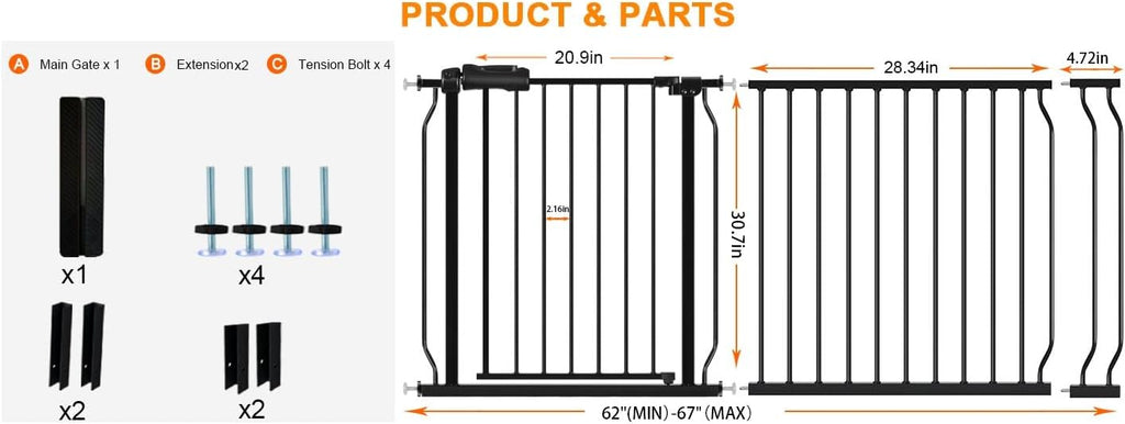 HOOEN 30" Tall Extra Wide Baby Gate for Doorways Stairs 62 to 67 Inch Large Long Pressure Monuted Dog Gate Black Tension Baby Gate Walk Through Safety Gate for Kids or Pets