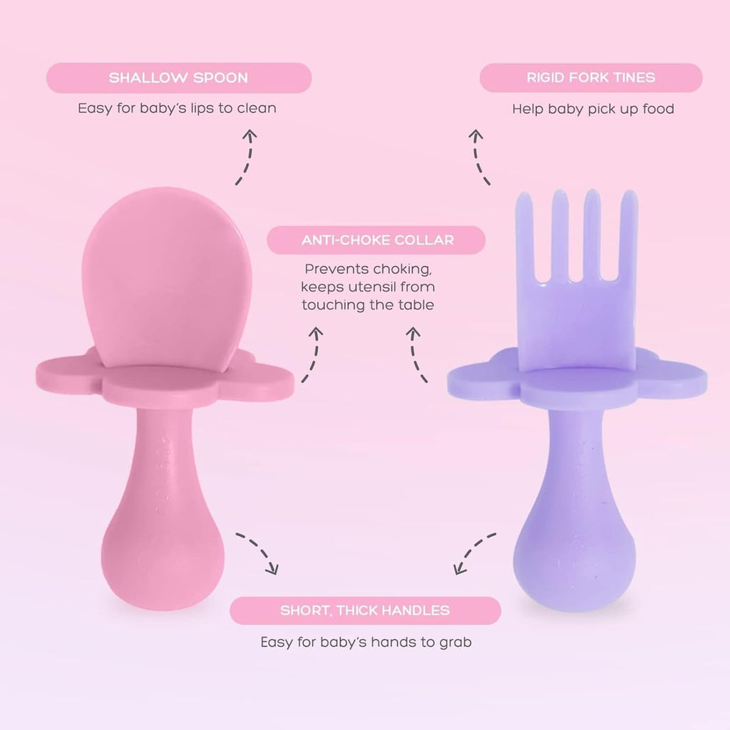 Grabease Baby Spoons Baby Led Weaning Supplies Toddler Forks Feeding, BPA-Free & Phthalate-Free for & Toddler, 2 Sets, Blush and Lavender