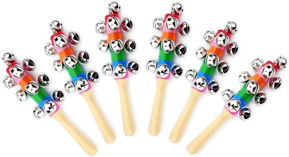 6Pcs Wooden Jingle Hand Bells,Rainbow Handle Wooden Bells Jingle Stick Shaker Rattle Baby Kids Children Musical Toys