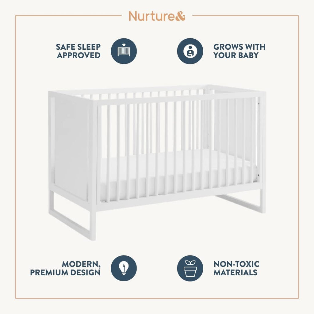 Nurture& The Crib - Baby, Toddler Convertible Crib | Sustainable Non-Toxic Materials | 3 Adjustable Heights - Grows with Your Baby (Toddler Guardrail NOT Included) (White)