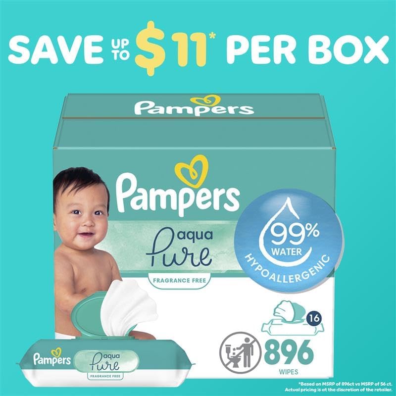 Pampers Baby Wipes Aqua Pure, 99% Water Based Wipes, Hypoallergenic and Unscented Infant Wipe, 896 Total (16 Flip-Top Packs)