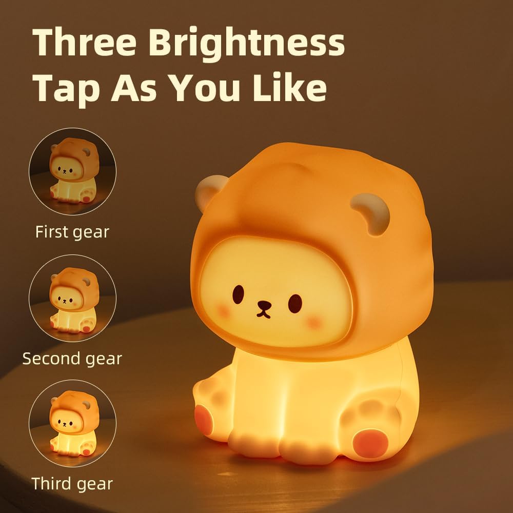 Cute Lion Night Light for Kids, Rechargeable Nursery Lamp with Timer, 3 Brightness Levels & Warm Light, Soft Silicone Baby Night Light, Tap Control, Gift for Toddlers