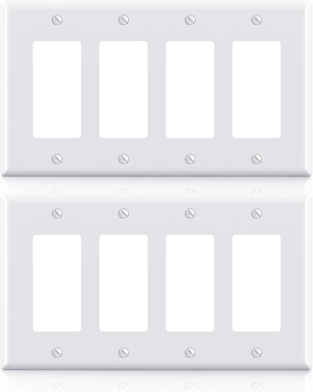 ELEGRP 4-Gang Decorative Wall Plates, Mid-Size 4.88" H x 8.57" L Unbreakable Thermoplastic Faceplate Cover for Decorator Receptacle Outlet Switch, UL Listed (2 Pack, Glossy White)