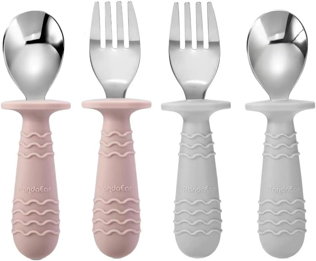 PandaEar 4 Set Baby Toddler Silicone Stainless Steel Utensils Silverware Spoon Fork for Baby Toddler BPA Free with Silicone Holding Anti-Choke Design (Pink&Grey)