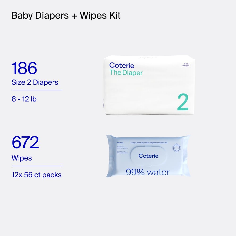 Coterie Baby Wipes + Diapers Kit, Size 2 Diapers (186 Count) & 12 Pack (672 Count) Baby Wipes with 99% Water, Plant Based Materials, Hypoallergenic for Sensitive Skin