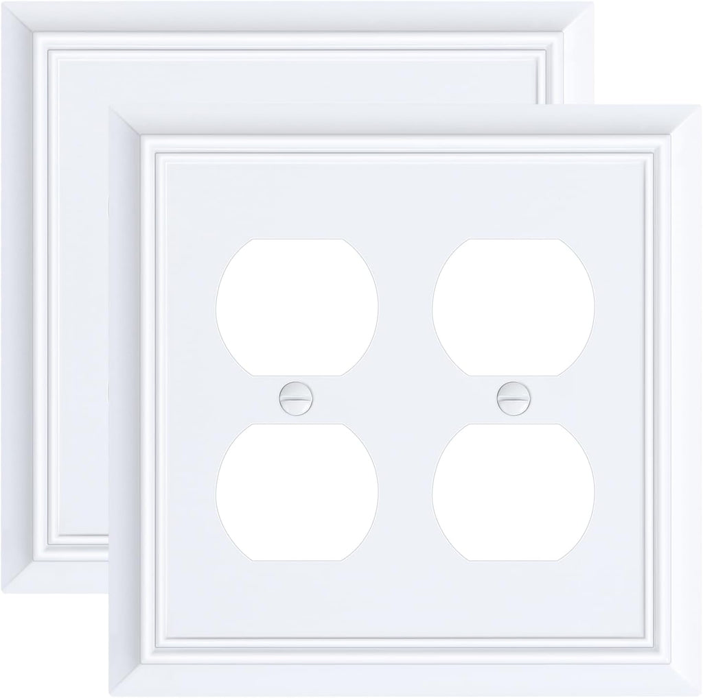 2-Pack Double Duplex Outlet Cover, Pure White Decorative Switch Plates and Outlet Covers for Electrical Outlets, Durable Natural Bamboo Fiber Wall Plates, 2 Gang Receptacle Cover