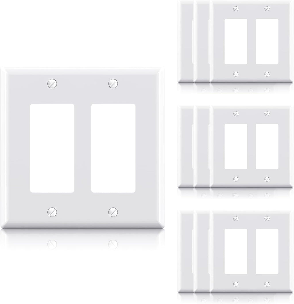 ELEGRP 2-Gang Decorative Wall Plates, Mid-Size 4.88" H x 4.94" L Unbreakable Thermoplastic Faceplate Cover for Decorator Receptacle Outlet Switch, UL Listed (10 Pack, Glossy White)