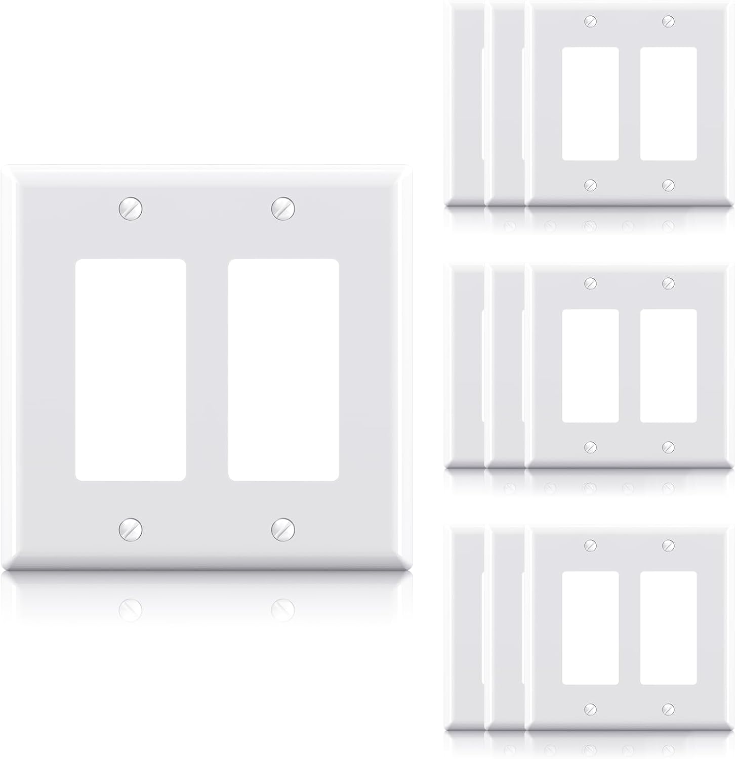 ELEGRP 2-Gang Decorative Wall Plates, Mid-Size 4.88" H x 4.94" L Unbreakable Thermoplastic Faceplate Cover for Decorator Receptacle Outlet Switch, UL Listed (10 Pack, Glossy White)