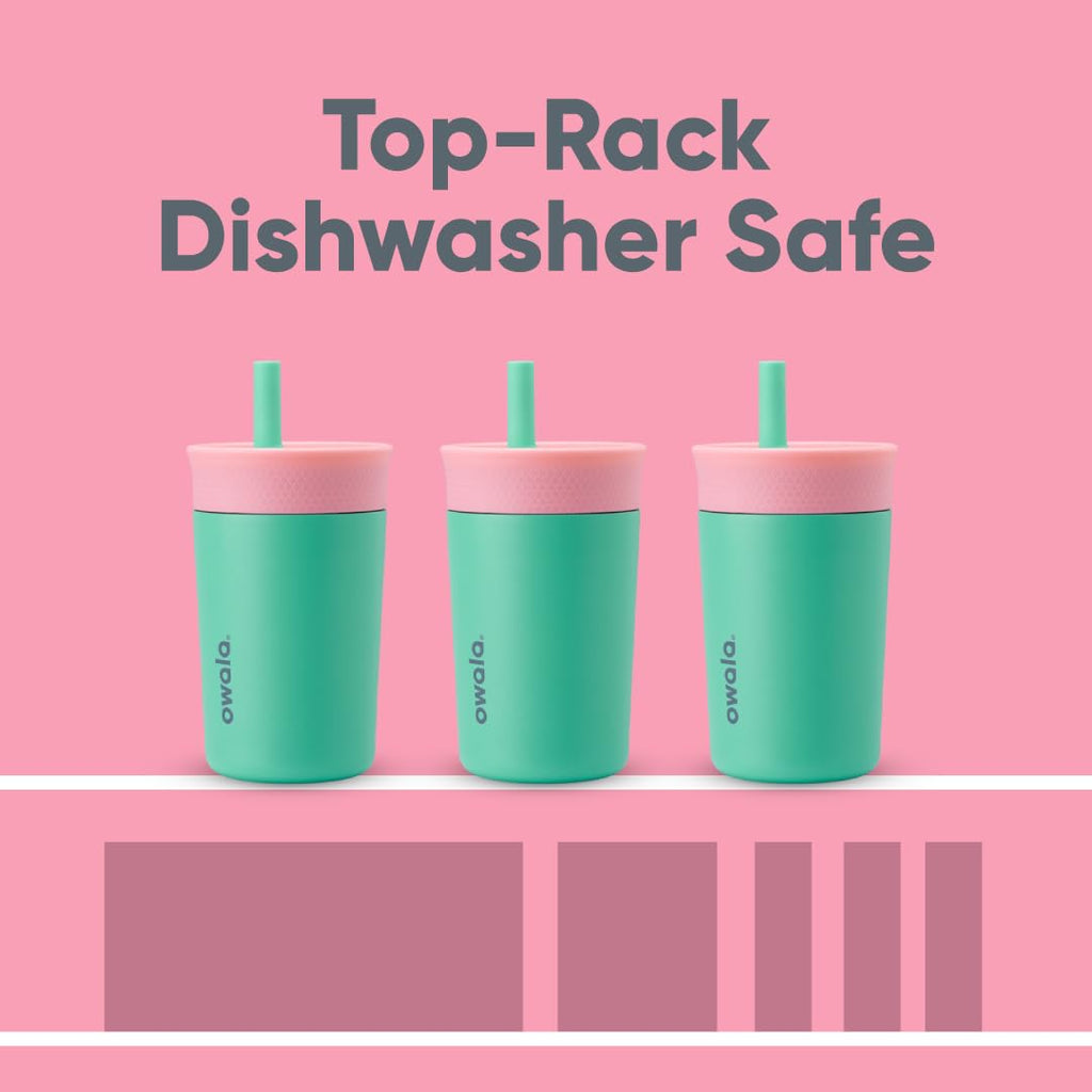Owala Kids Insulation Stainless Steel Tumbler with Spill Resistant Flexible Straw, Easy to Clean, Kids Water Bottle, Great for Travel, Dishwasher Safe, 12 Oz, Pink and Teal (Real Cool Fish)
