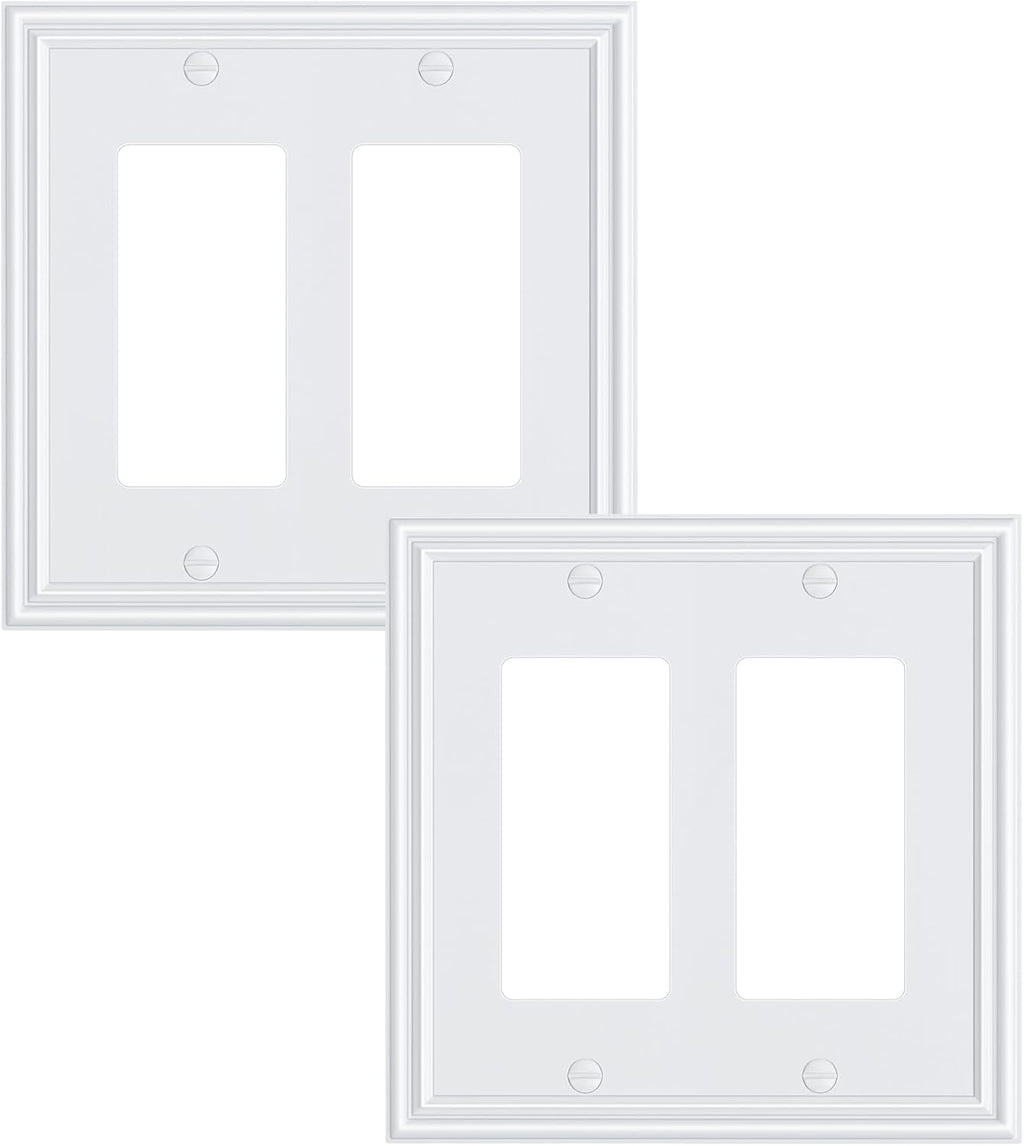 2-Pack Decorative Double Decorator Outlet Cover Plate, Durable Zinc Alloy Pure White Wall Plates for Electrical Outlets, Receptacle, GFCI Outlet, Dimmer Switch, 2-Gang, Corrosion Resistant