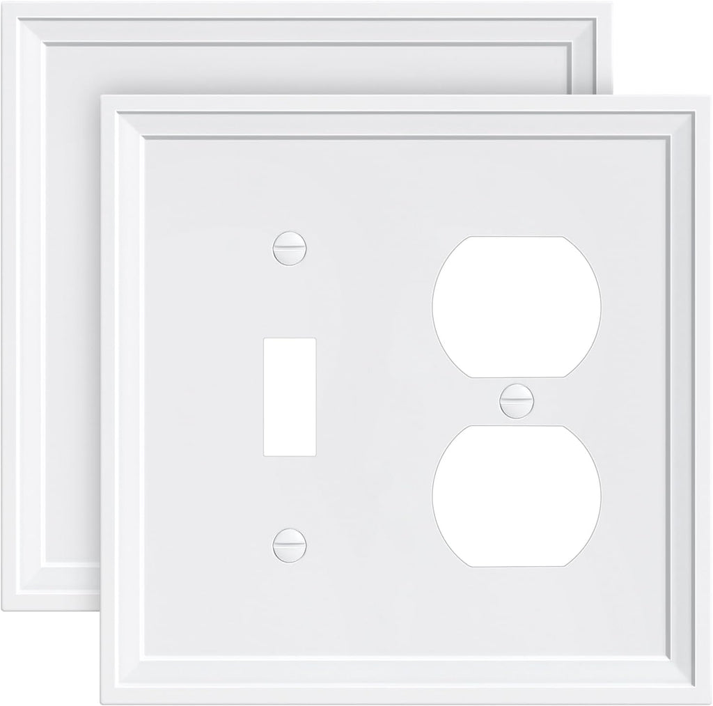2-Pack Combo Toggle/Duplex Light Switch Cover Plate, Pure White Wall Outlet Cover Plate, Natural Bamboo Fiber Decorative Wall Receptacle Cover for Electrical Outlets, Light Switch