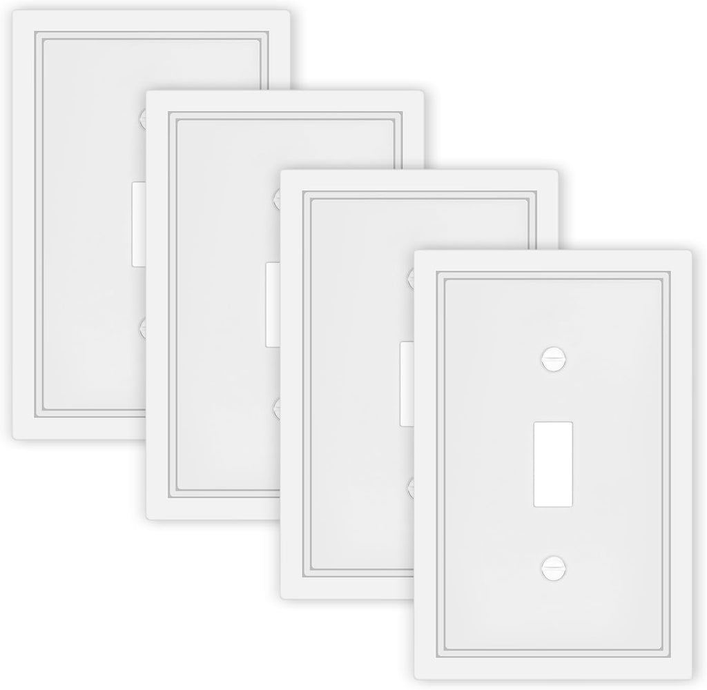 White Decorative Light Switch Cover Plate, Classic Single Toggle Switch Plate Covers, Natural Bamboo Fiber 1 Gang Wall Plates for Bathroom Kitchen- 4 Pack