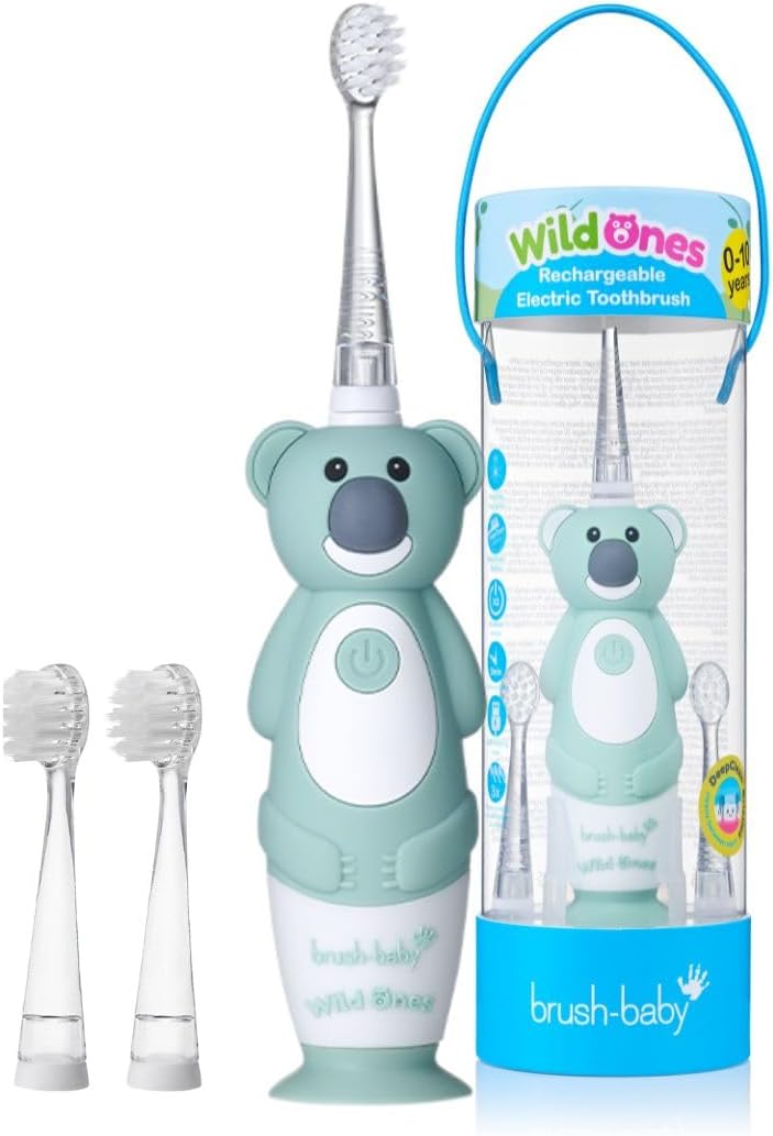 brush-baby WildOnes™ Rechargeable Kids Electric Toothbrush – Koala | Flashing Lights, 2-Min Timer, Waterproof, 3 Brush Heads | Toddler & Child Toothbrush Ages 0-10 | Soft Bristles