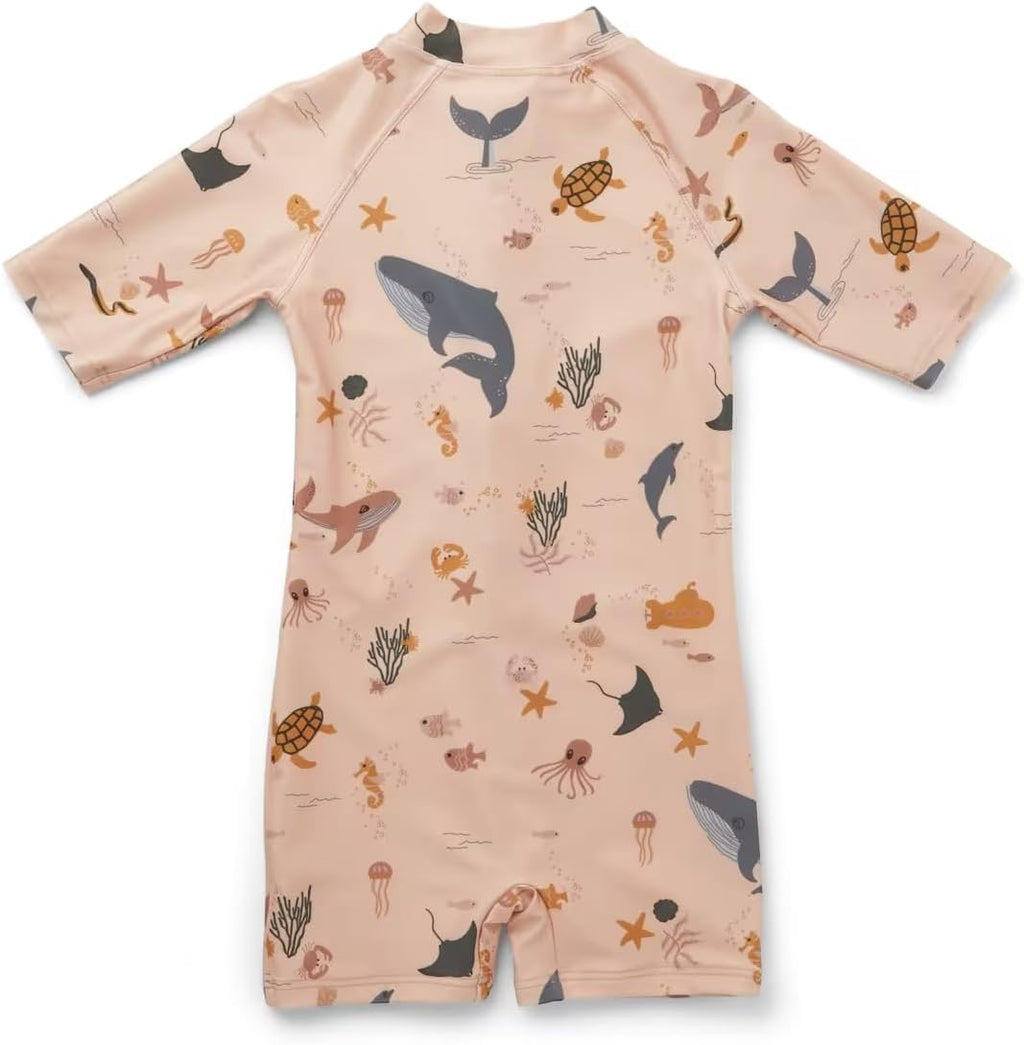 Boys One Piece Swimsuit Whale Dolphin Bathing Suit Zipper Rash Guard Kid Short Sleeve Swimwear Shark Beach Wear UPF50+