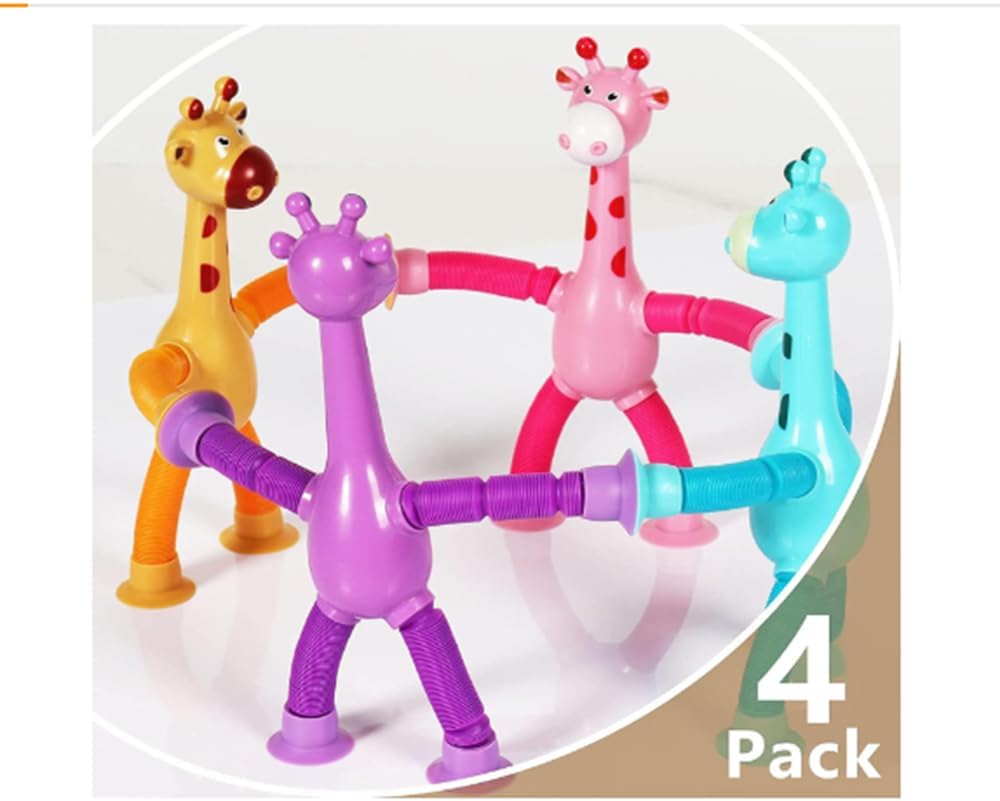 4 Pcs Telescopic Suction Cup Giraffe Toy, Funny Pop Tubes Sensory Toy for Toddlers, Educational Fidget Toys for Anxiety Kids for 3 4 5 6 7 8 9 Year Old Boys Girls