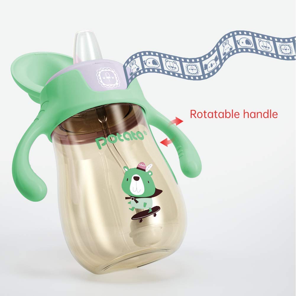 POTATO Sippy Cups For Toddlers with Straw Spill Proof, PPSU Learner Cup with Handle for Babies, Water Bottle for Baby 6 Months with 2 Type of Spout, 6 Ounce Green
