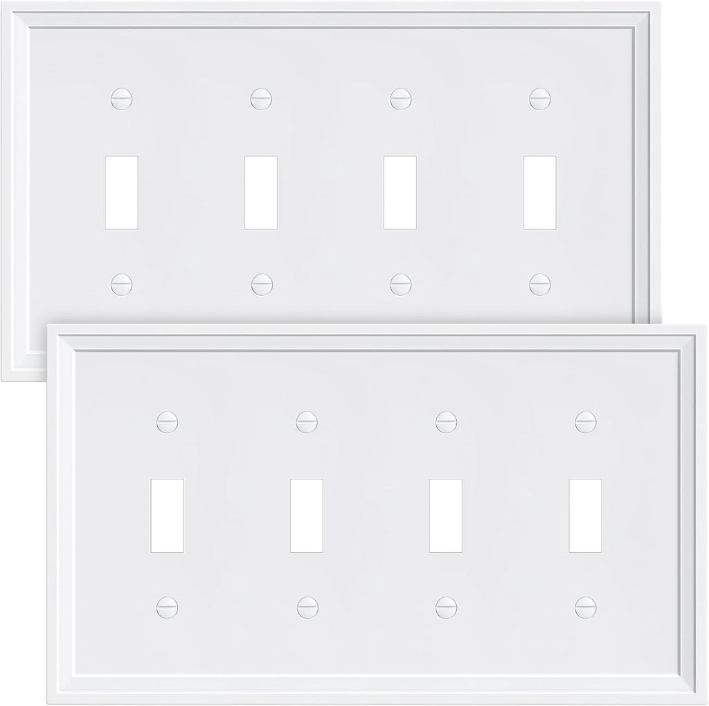 2-Pack Quad Toggle Light Switch Cover Plate, White Decorative Switch Plate Covers, Natural Bamboo Fiber 4 Gang Wall Plate, Corrosion Resistant