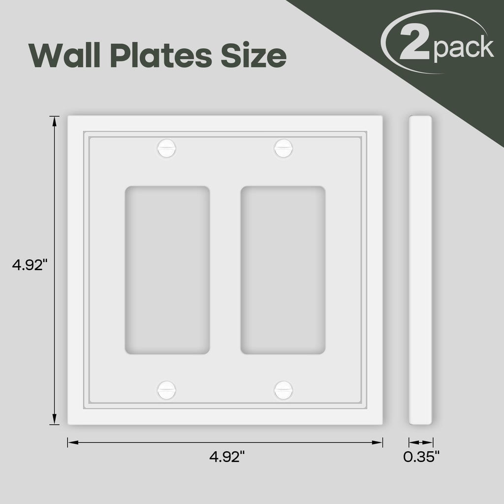 Double Decorator Switch Cover Plate White Classic Decorative Decorator Switch Plates Cover 2 Gang Rocker Wall Plate Cover for Duplex Toggle, 2 Pack