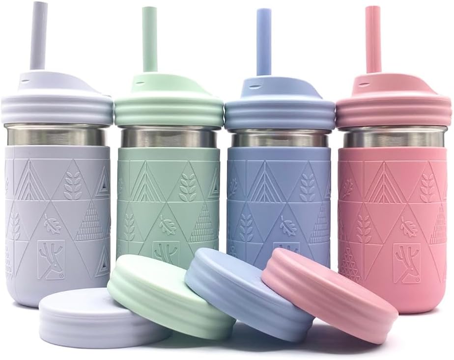 Elk and Friends 14oz Stainless Steel Kids + Toddler Drinking Cups | The Original Mason Jars with Lids + Sleeves + Straws | Smoothie Cups | Spill Resistant | Dishwasher Safe | 4 Pack