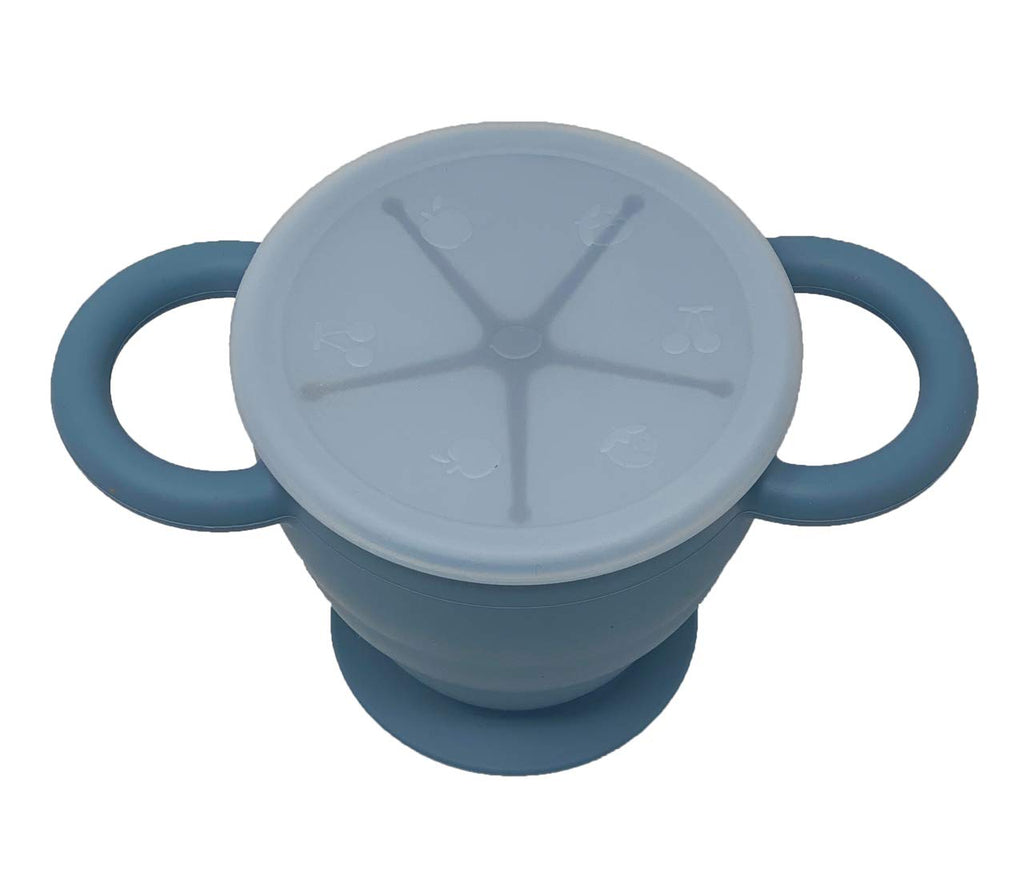 BraveJusticeKidsCo | Snack Attack II Snack Cup | Collapsible Silicone Snack Container | Toddler and Baby Snack Catcher Lid (Blue Steel)