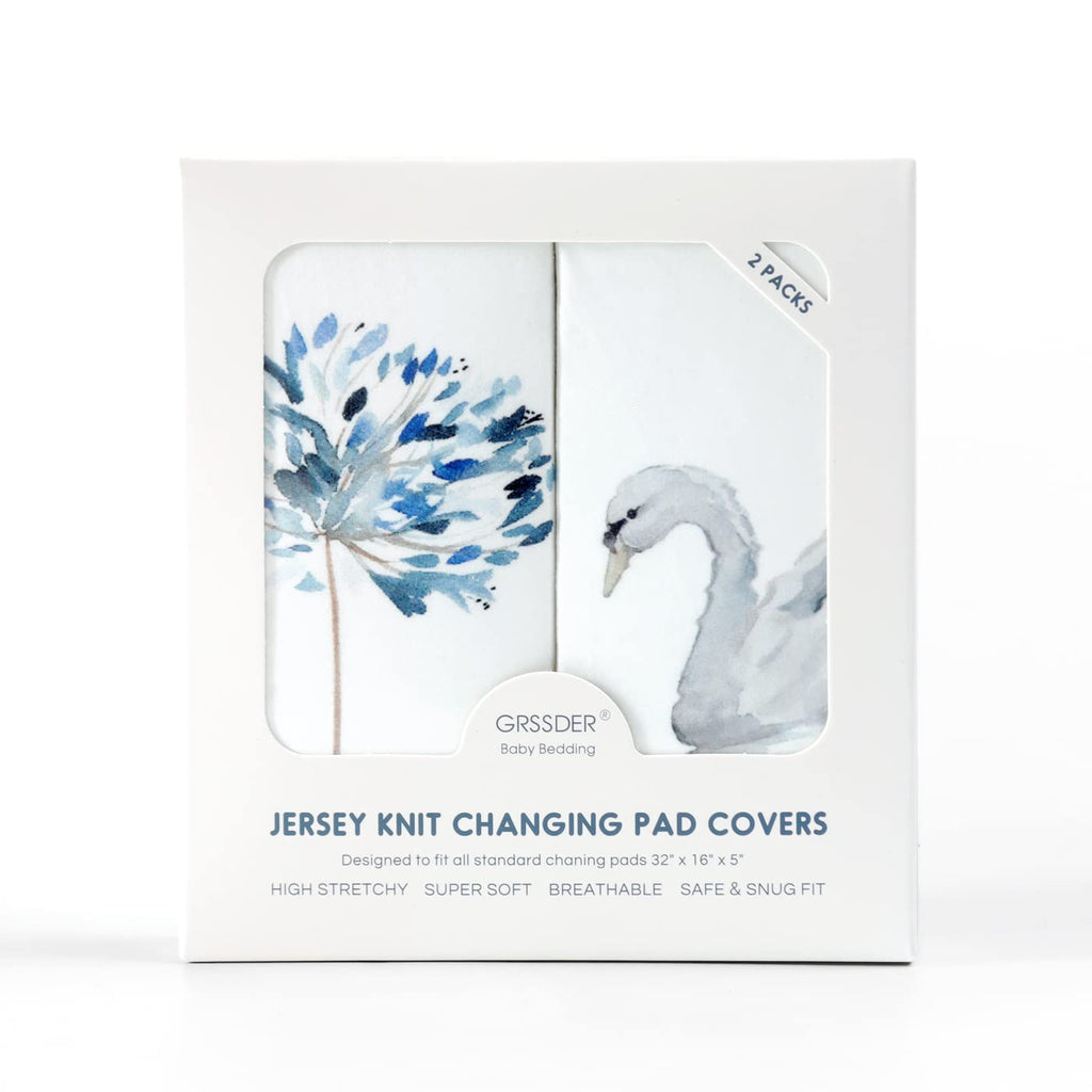 GRSSDER Stretch Ultra Soft Jersey Knit Changing Pad Cover Set 2 Pack, Change Table Pad Covers Fit 32"/34" x 16" Pads Safe and Snug, Pretty Swan/Watercolor Dandelion for Baby
