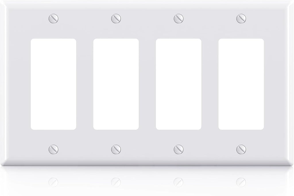 ELEGRP 4-Gang Decorative Wall Plates, Mid-Size 4.88" H x 8.57" L Unbreakable Thermoplastic Faceplate Cover for Decorator Receptacle Outlet Switch, UL Listed (1 Pack, Glossy White)