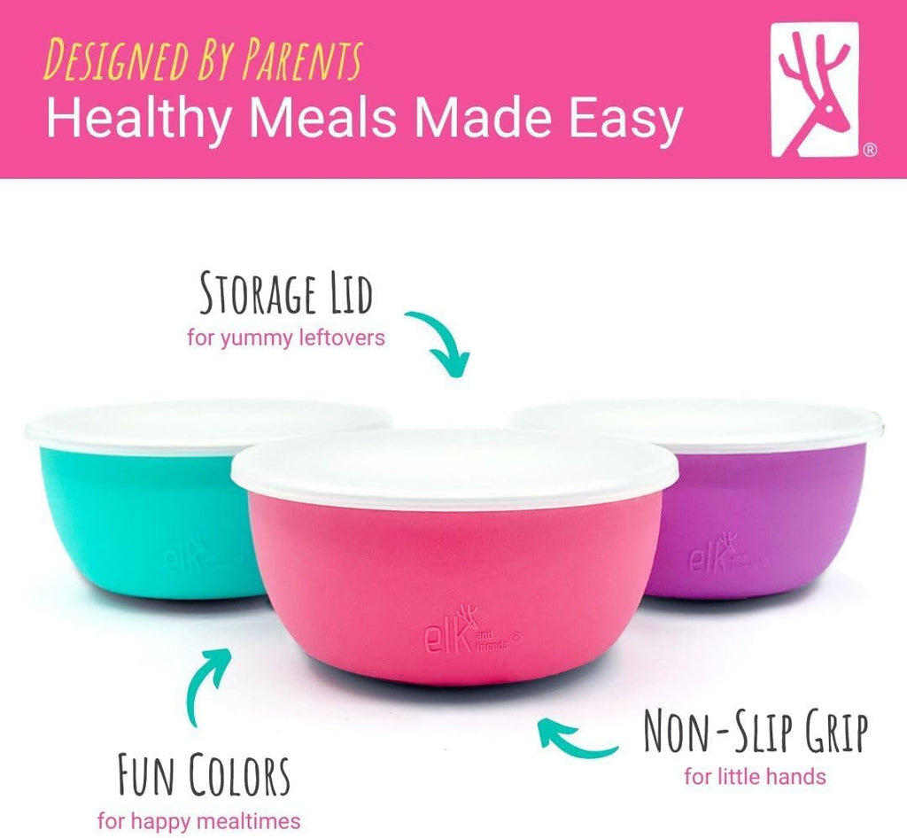 Elk and Friends Stainless Steel Bowls + Silicone Sleeve and Storage Lid | Baby, Toddler, Kids | Cereal & Snack Bowls | Storage Containers | Dishwasher Safe | 4 Pack