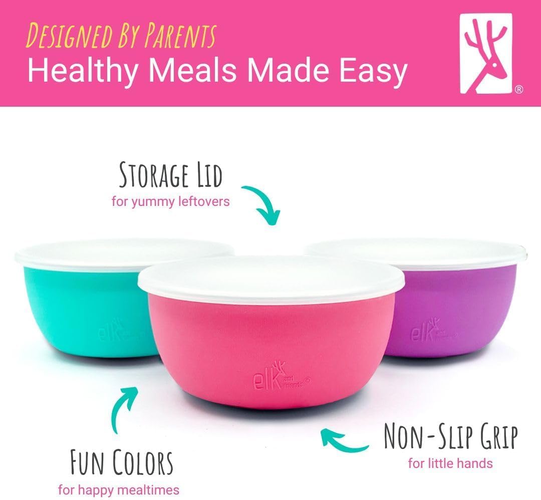 Elk and Friends Stainless Steel Bowls + Silicone Sleeve and Storage Lid | Baby, Toddler, Kids | Cereal & Snack Bowls | Storage Containers | Dishwasher Safe | 4 Pack