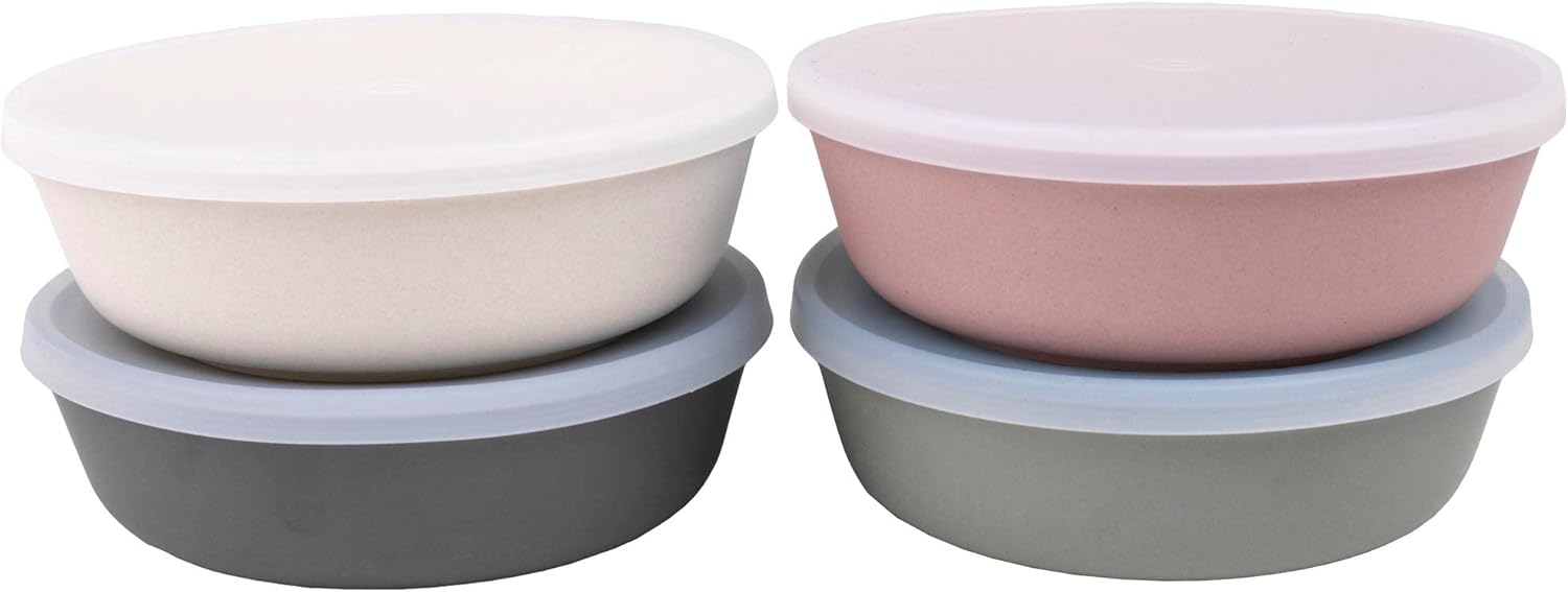 WeeSprout Bamboo Kids Bowls with Lids, Set of Four 15 oz Kid-Sized Dinnerware, Cereal, Leftovers & Snack Bowl, Dishwasher Safe (Pink, Green, Gray, & Beige)