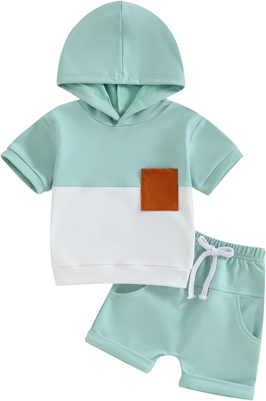 Toddler Baby Boy Summer Hooded Outfit Contrast Color Short Sleeve T Shirt Top Elastic Shorts Summer Clothes Set