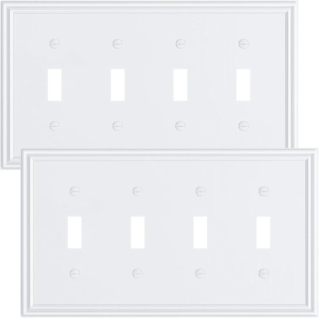 2-Pack Quad Toggle Light Switch Cover Plate, Durable Zinc Alloy Decorative Switch Plate Covers, Pure White 4 Gang Wall Plate for Toggle Light Switch and Rotary Dimmer Switch