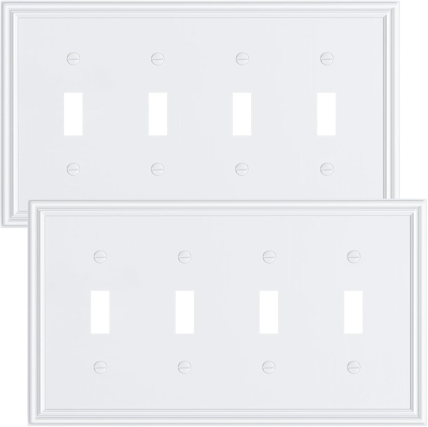 2-Pack Quad Toggle Light Switch Cover Plate, Durable Zinc Alloy Decorative Switch Plate Covers, Pure White 4 Gang Wall Plate for Toggle Light Switch and Rotary Dimmer Switch