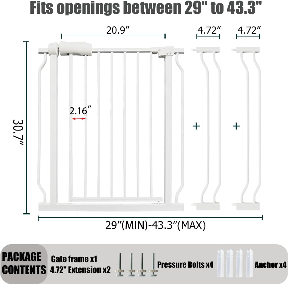 Walk Through Expandable Baby & Dog Gate 38.5-43.3 Inch for Kids & Pets, Tension Mounted Indoor Safety Gate for Large Openings - White Metal, 30 inches Tall