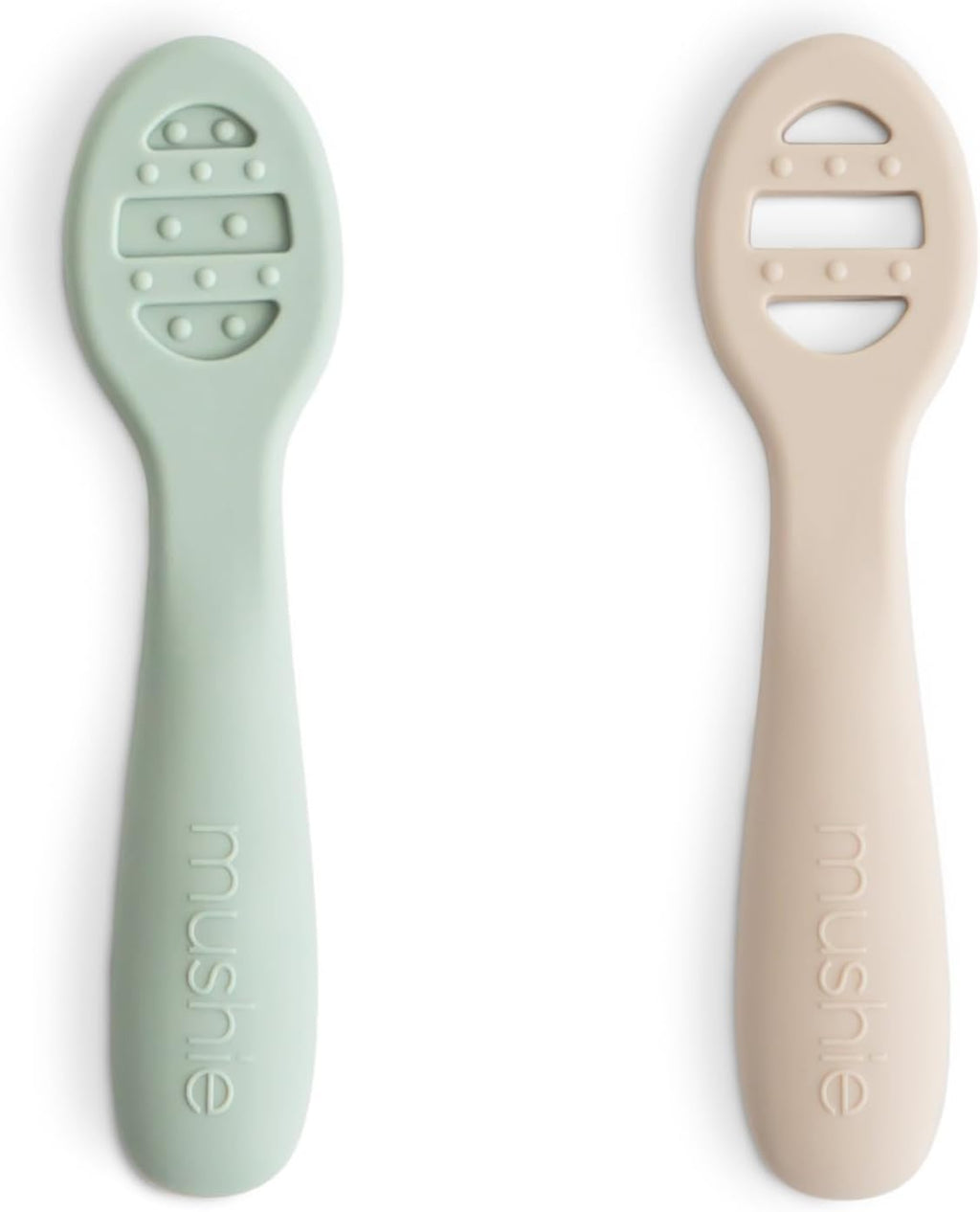 mushie Silicone First Feeding Baby Spoons | 2 Pack (Cambridge Blue/Shifting Sand)