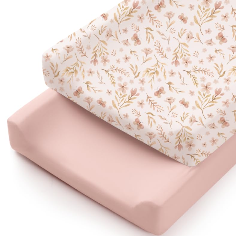 Konssy 2 Pack Stretchy Changing Pad Covers for Girl, Boy, Silky Soft Changing Table Cover, Breathable Baby Nursery Diaper Chang Pad Sheets (Pink Spring,Pink)