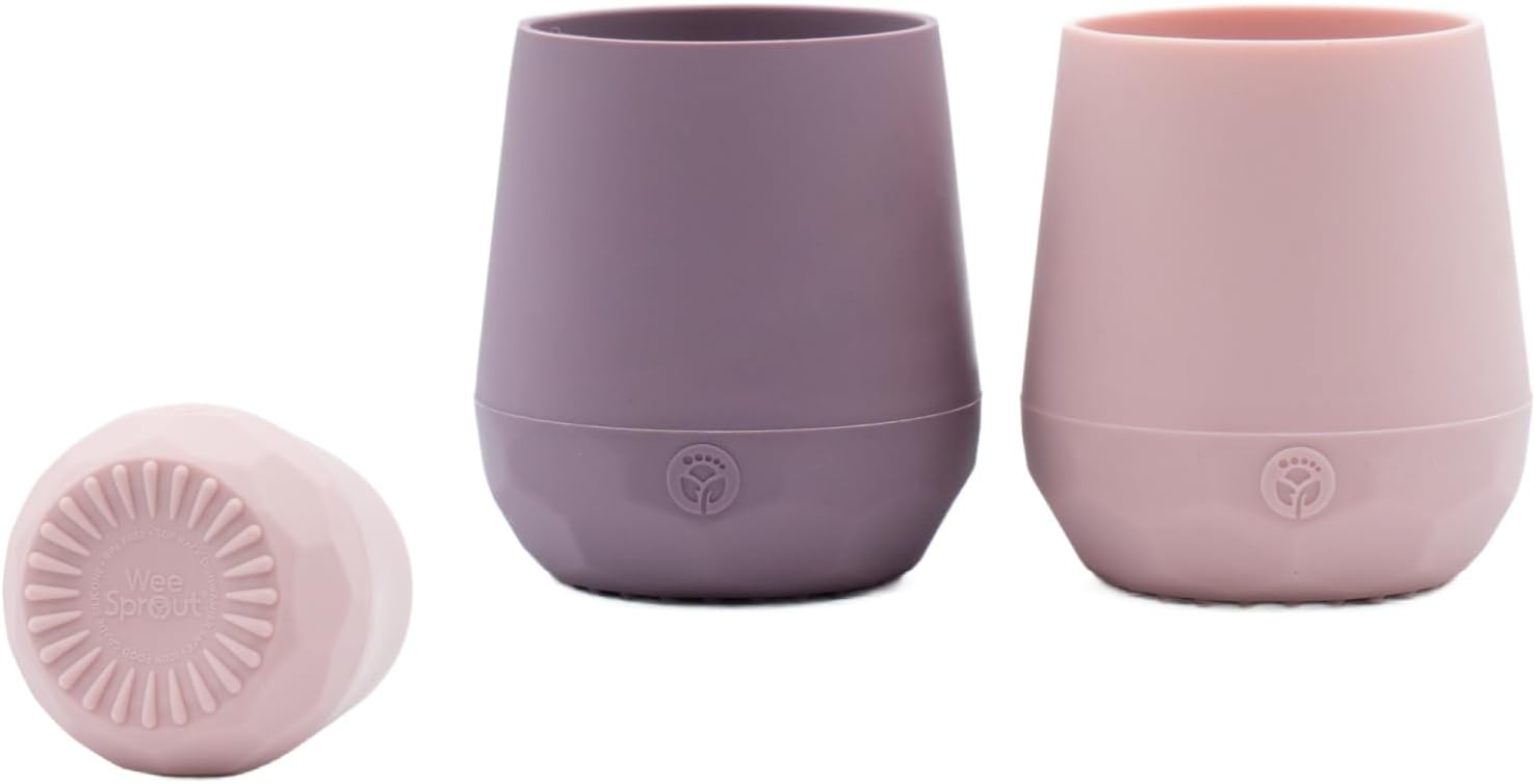 WeeSprout Silicone Baby Training Cups - Set of 2 Soft Silicone Cups - 2 oz Open Cup for Baby 6+ Months - Non-Slip Grip, Weighted Base - Gentle on Gums & Teeth (Matte Pink & Matte Purple)
