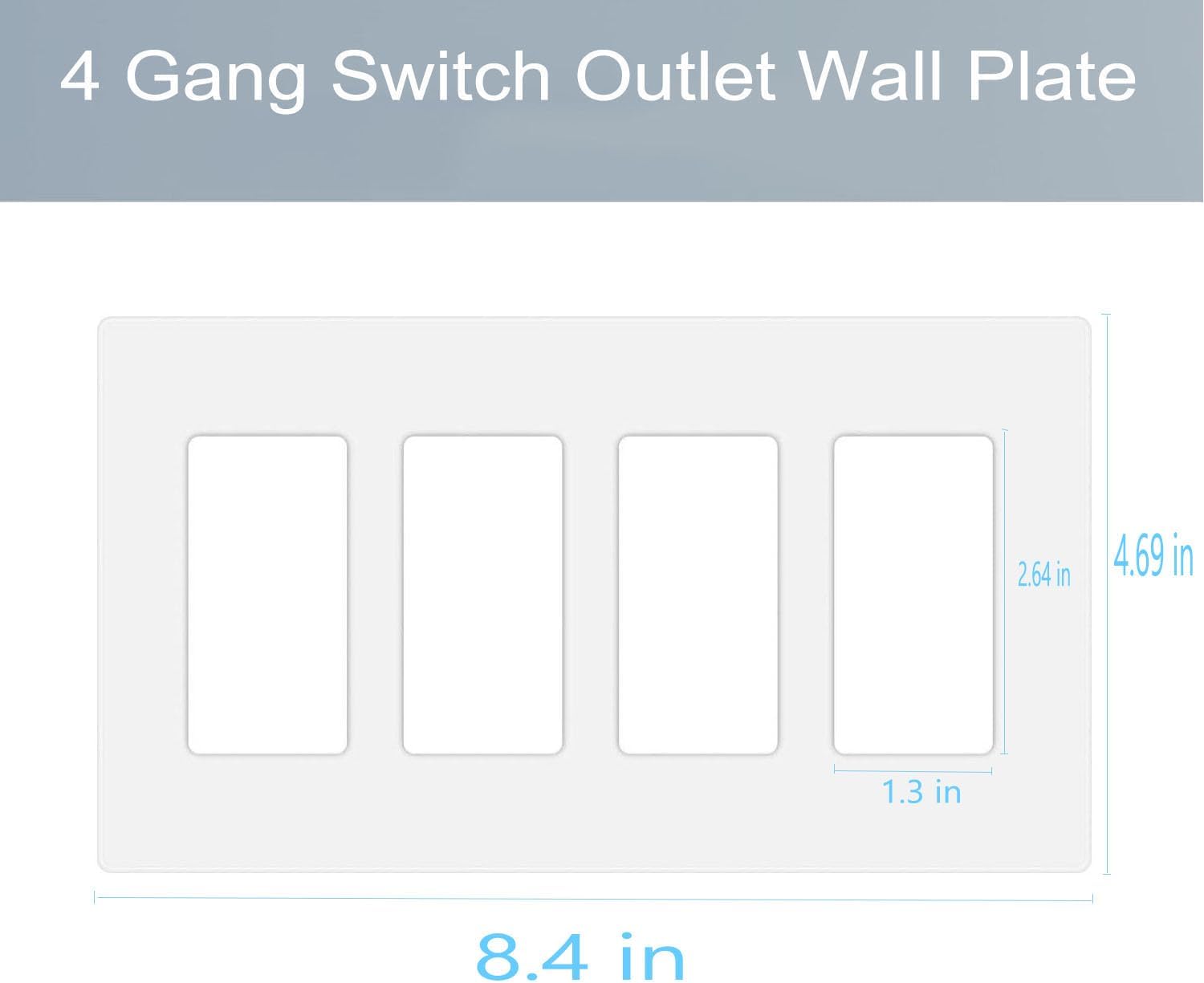 4-Gang Screwless Decora Wall Plate Cover Switch Outlet Electrical Faceplate for Light Switche, Smart Switch, Receptacle, Dimmers, USB Outlet, GFCI, Child Safe Cover Plate, White (6-Pack)
