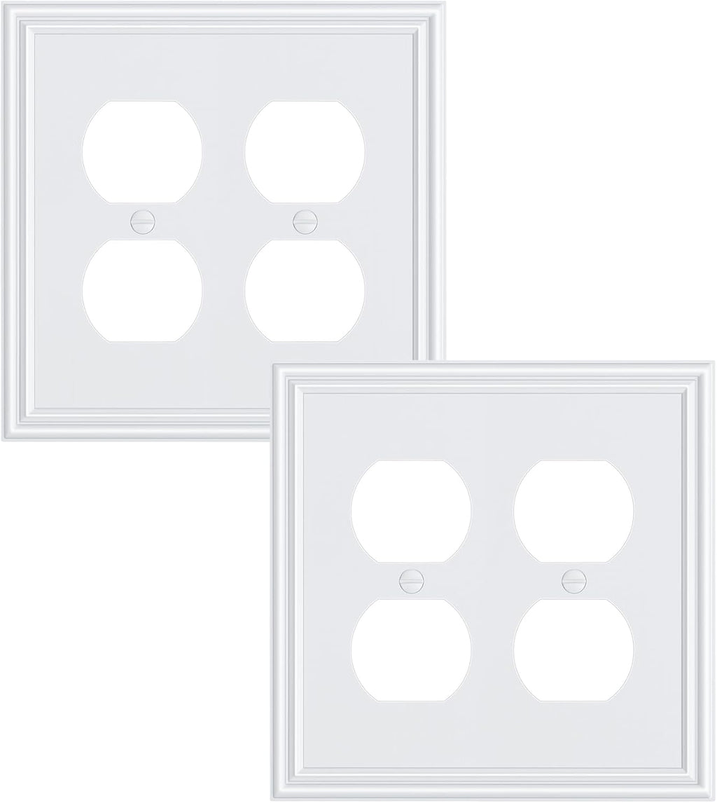 2-Pack Double Duplex Outlet Cover, Pure White Decorative Switch Plates and Outlet Covers for Electrical Outlets, Durable Zinc Alloy Wall Plates, 2 Gang Receptacle Cover, Corrosion Resistant